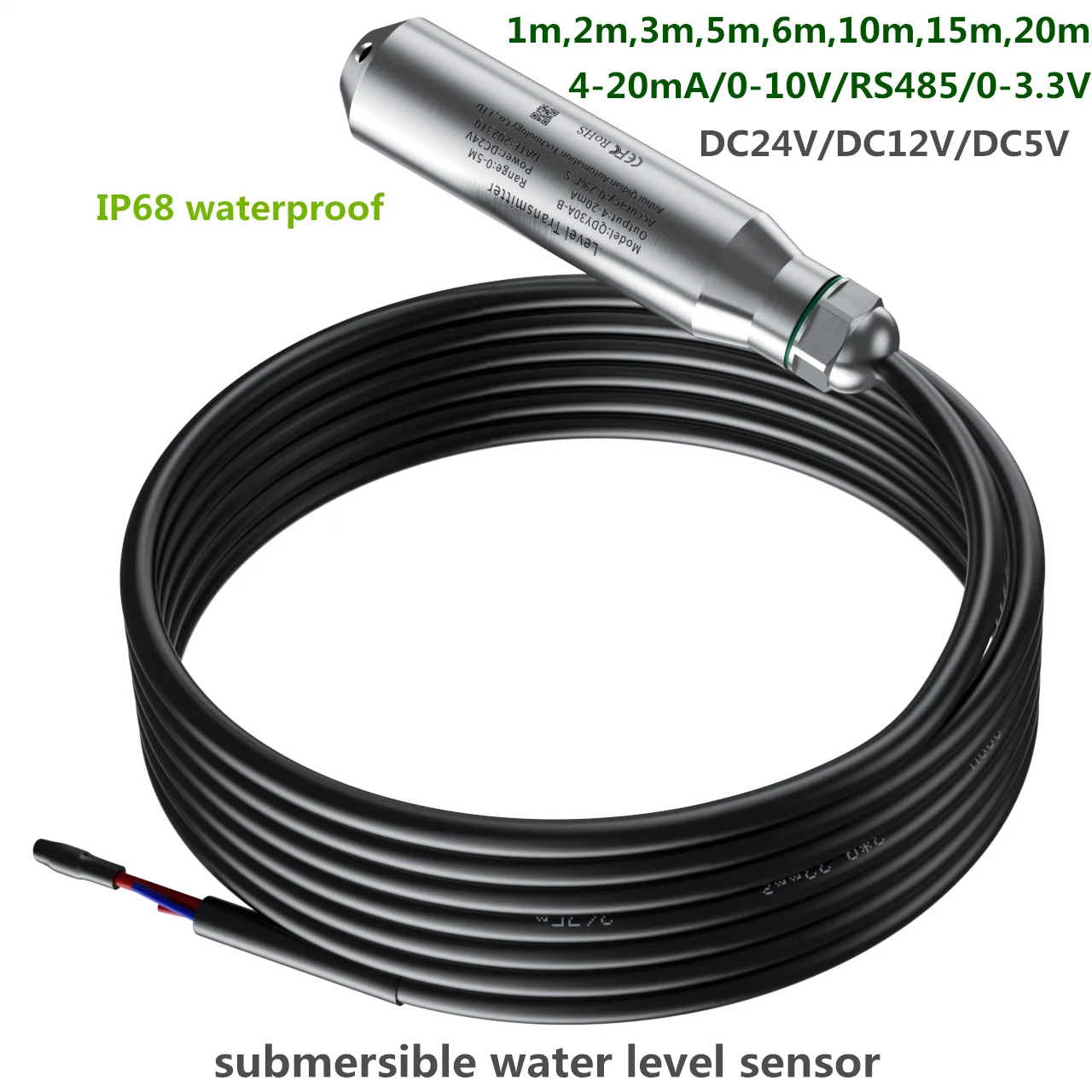 Hydrostatic Liquid level Sensor 4-20mA 0-10V 1m 2m 3m 5m 10m 15m 20m Transducer 0-3.3V ss304 DC24V DC5V