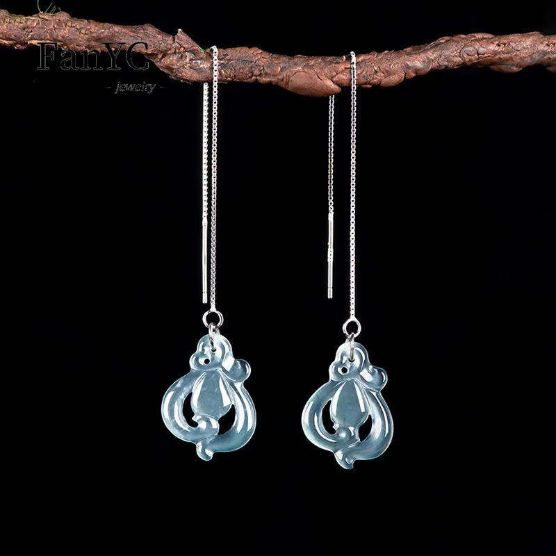 

Natural Myanmar Jadeite Blue Water Orchid Ear Wire S925 Silver Inlaid Personality Glamour Ice Jade Earrings Ladies Holiday Gift