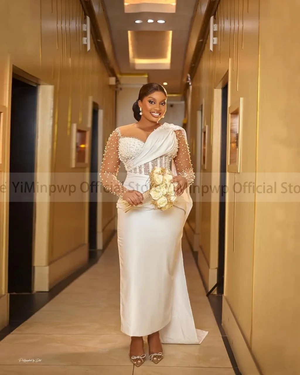 Ivory Civil Wedding Dresses for Bride Sheer Neck Long Sleeve Corset Pearls Aso Ebi Nigeria Courthouse Bridal Gowns Customized