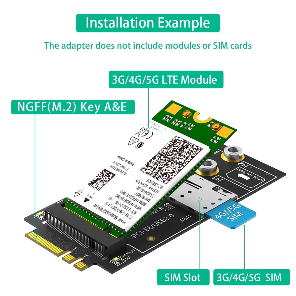 NGFF M.2 Chiave A + E Interfaccia A M2 Key-B Adattatore wireless con 1 slot per scheda NANO SIM per modem 3G 4G GSM LTE WWAN Modulo 5G