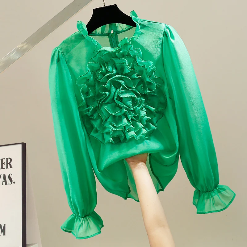 

Handmade Heavy Embroidery Large Flower 3D Collar Long Sve O-Ne Euro Organza irt Faionable Korean Sle Commute Wind