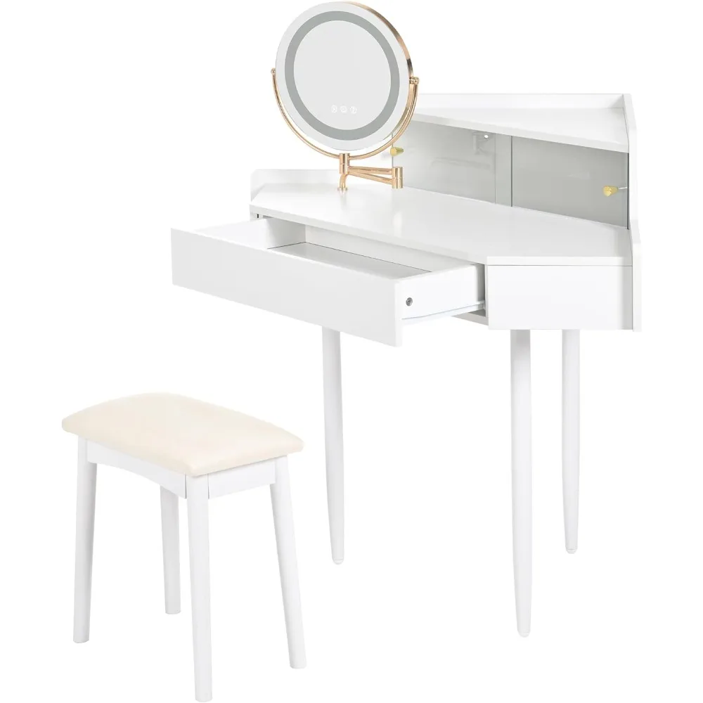 Туалетный столик для макияжа с зеркалом и подсветкой, небольшой угловой туалетный столик 44,09 л с табуреткой, туалетный столик с раздвижной стеклянной дверью, I