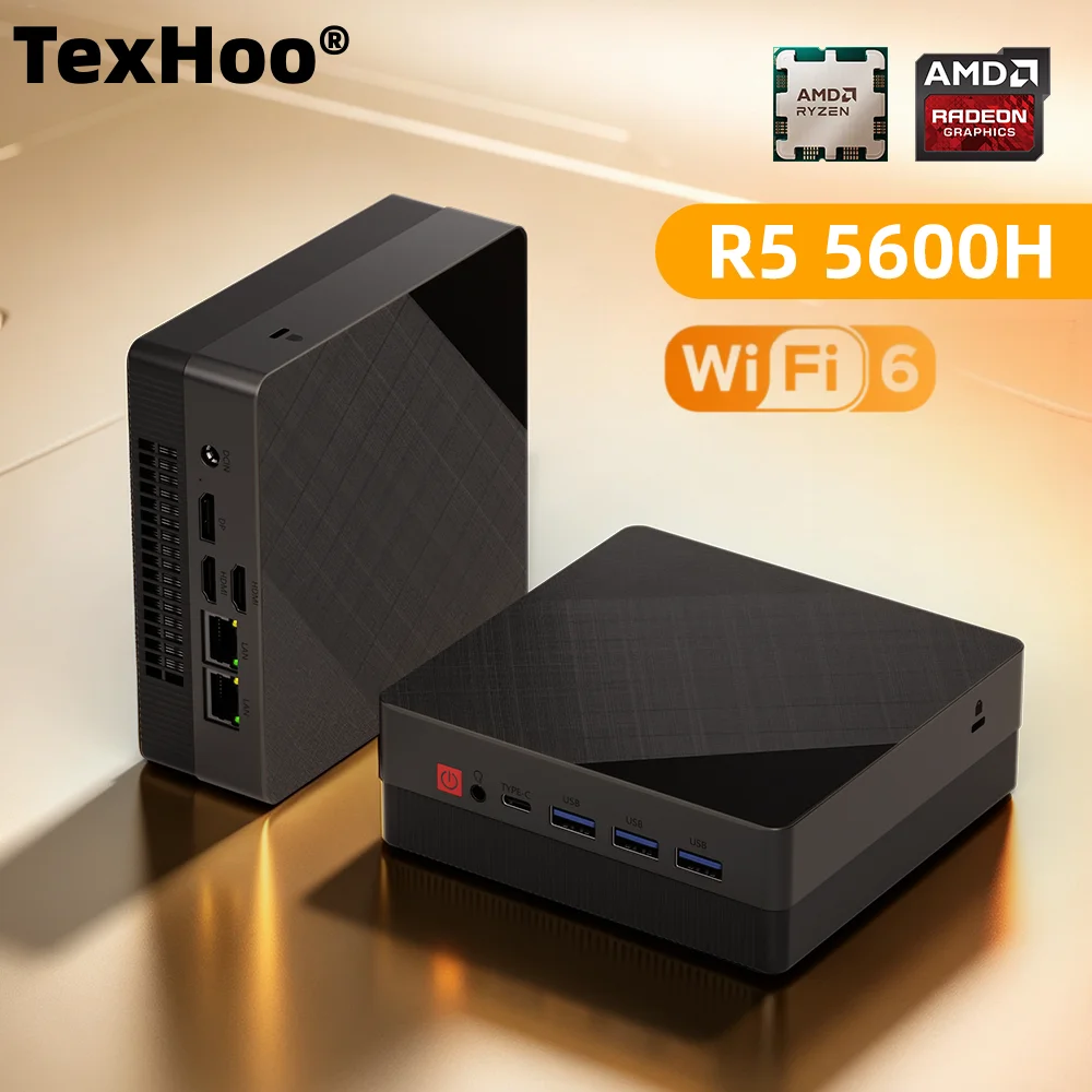 TexHoo AMD Ryzen 5 5600H Dual DDR4 Slot 3200Mhz Wifi6 M.2 2280 Dual Protocol SSD 2*HDMI+DP Mini PC Diy Gaming Computer Dual LAN