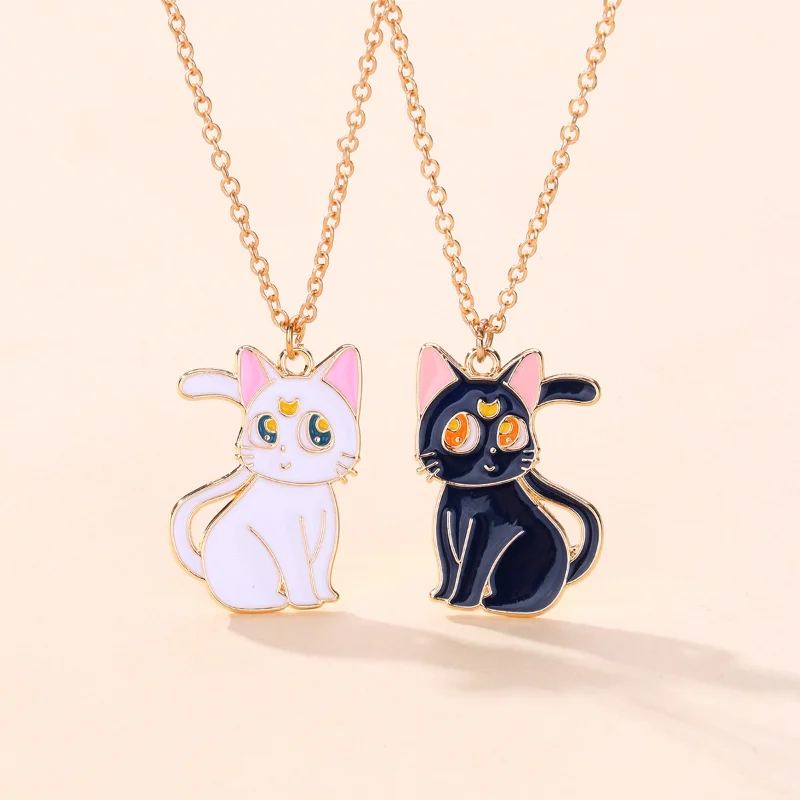 Luoluo & baby-cadena con colgante de gato blanco y negro de dibujos animados para niños, collar de mejor amigo, joyería de Amistad BFF, regalos para niños, 2 piezas por juego