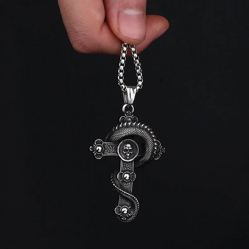 2023 New Unique Design Stainless Steel Cross With Snake And Skull Pendant Animal Punk Biker Jewelry Dropshipping Boyfriend Gift