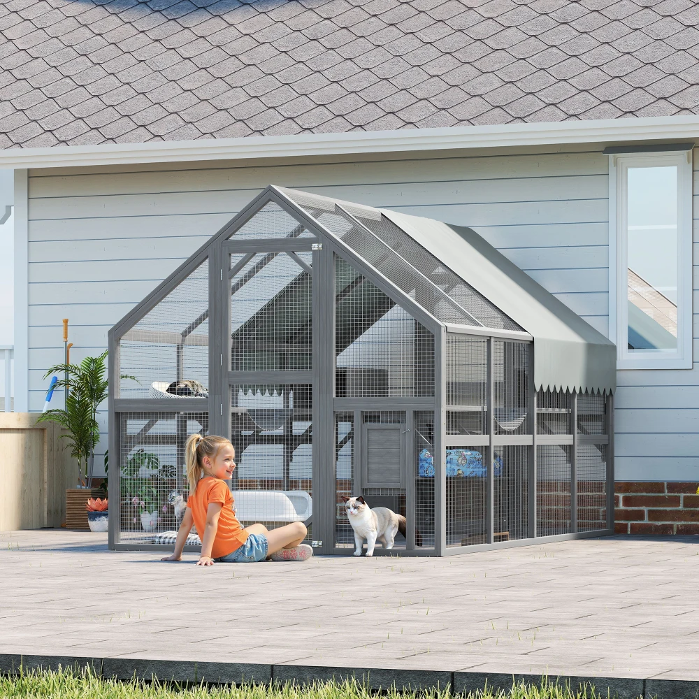 

Large Outdoor Cat Enclosure for Multiple Cats:7 Platforms,2 Boxes,2 Bridges,Wooden Shelter Waterproof UV Canopy