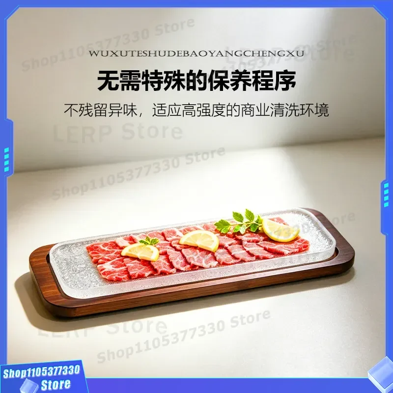 Wooden Base Glass Plate for Sushi Serving Fresh Meat Preservation Dish High End Tableware for Hot Pot Restaurant Decorative