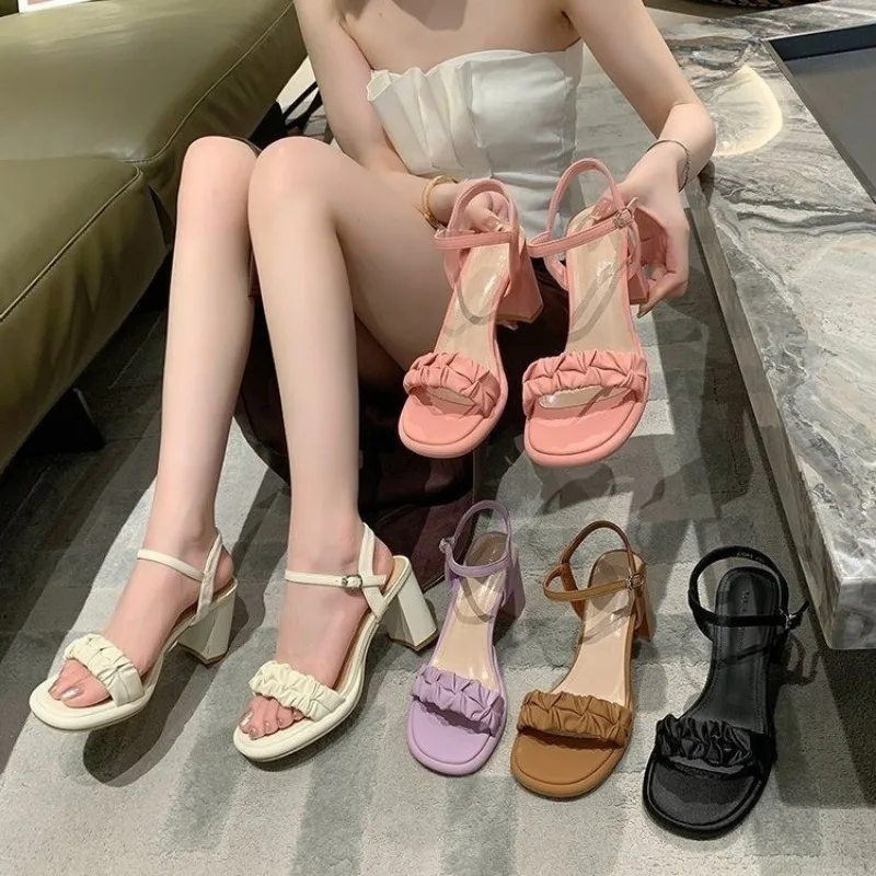 

2024 Summer New French Thick Heel Sandals with One Line Buckle, Elegant High Heel Fashion Matching Skirt Sandals