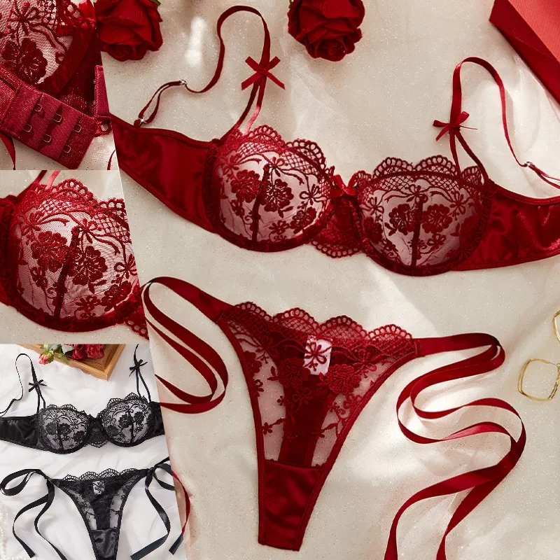 

Женский кружевной комплект сексуального нижнего белья, прозрачный эротический бюстгальтер с цветочной вышивкой, хит продаж, сексуальные тканевые стринги, атласные сексуальные пижамы