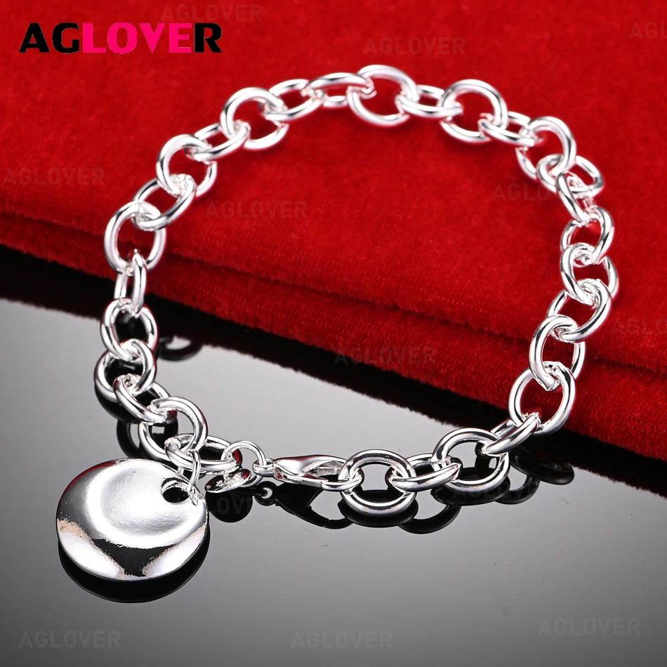 

AGLOVER 925 Sterling Silver Round Cake Pendant Chain Bracelet Women Charm Fashion Wedding Jewelry