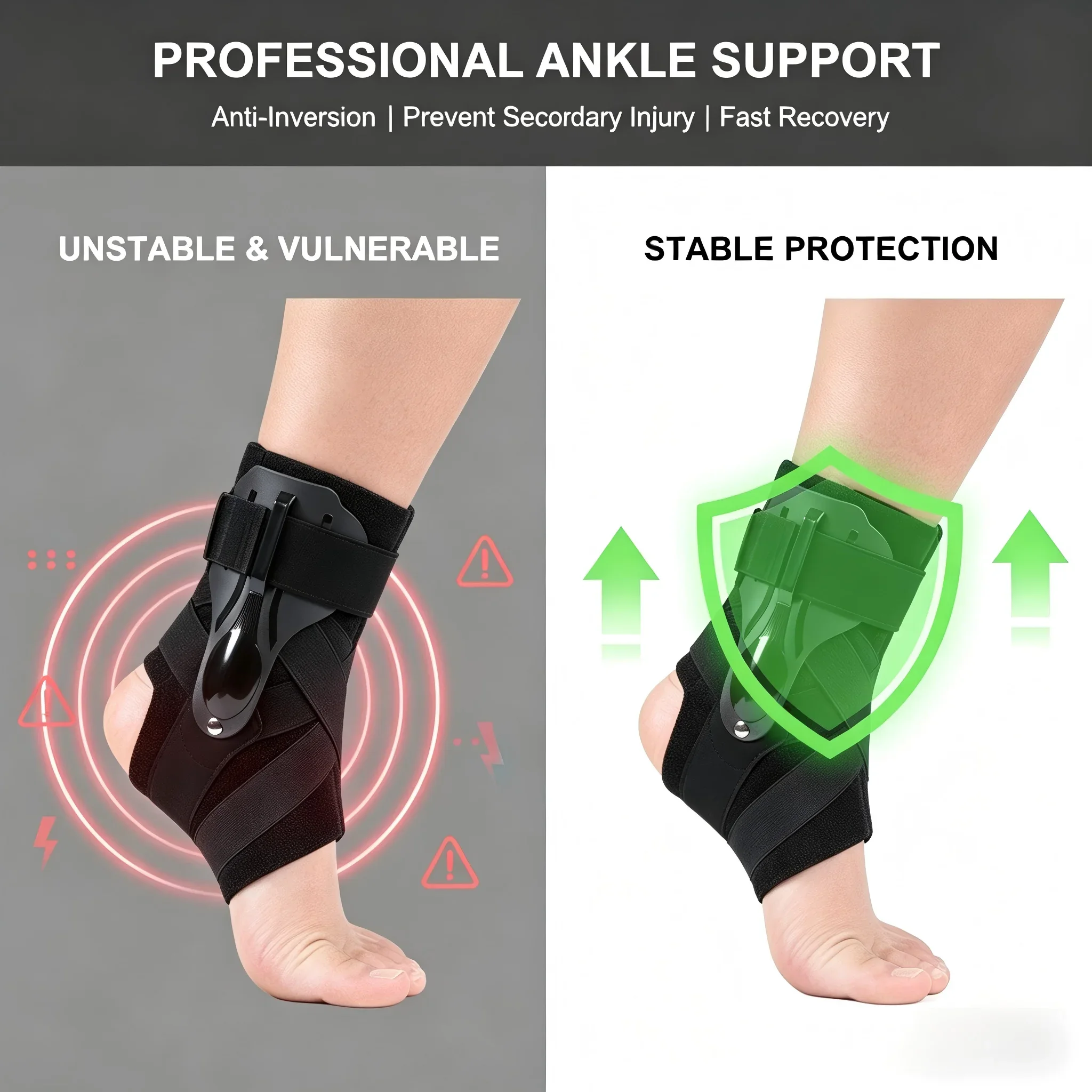 Ankle Brace with Dual Plate Stabilizers, Adjustable Support for Sprained Ankle & Tendonitis, Breathable Stabilizer for Men Women