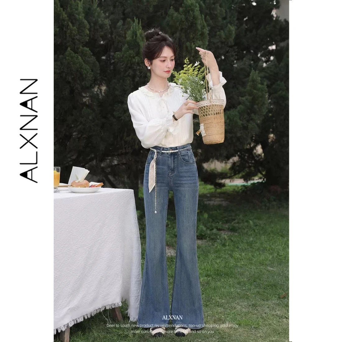 

ALXNAN Blue Flared Jeans High Waist Casual Elegant Denim Pants Women 2026 Fashion Vintage Trousers Wide Leg Baggy Pants L61781-2