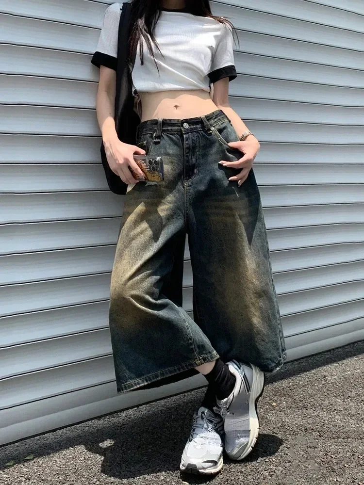 

Летние свободные потертые прямые свободные джинсовые шорты в стиле ретро, корейская версия, модная женская уличная одежда, универсальные шорты большого размера