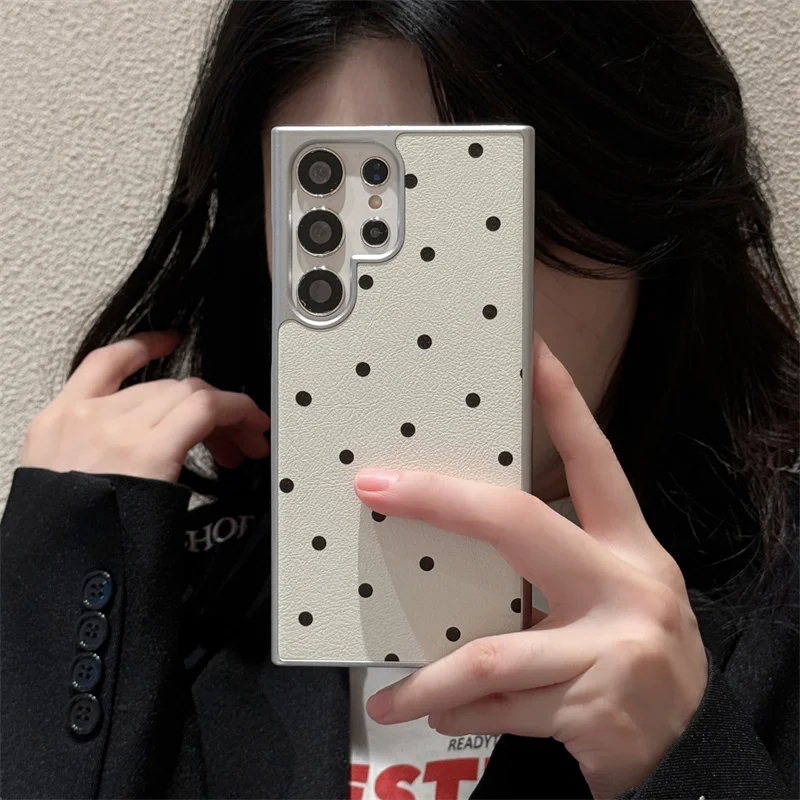 Simples polka dot caso de telefone para samsung galaxy s24 ultra s23 plus s22 capa de couro coreano bonito casos para s23 + s24 + s22 plus