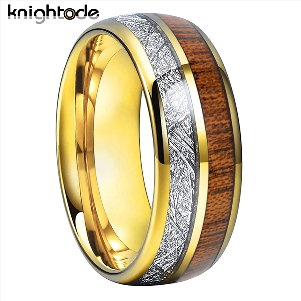 

8mm Gold Color Tungsten Carbide Wedding Band White Meteorite/Koa Wood Inlay Men Women Fashion Lovers Ring Dome Polished Comfort
