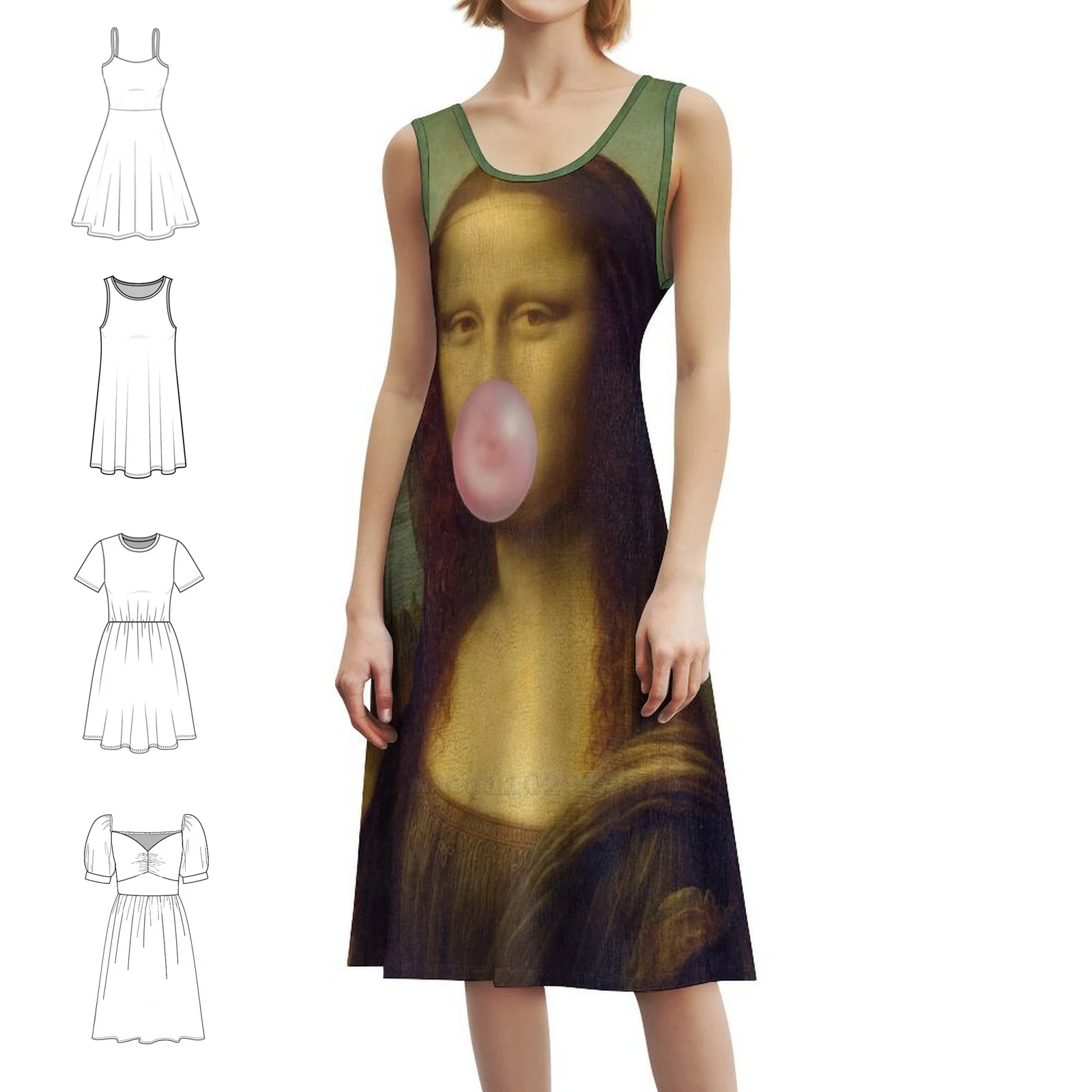 

Mona Lisa Chewing Gum-Bubblegum Meme Bohemian Sleeveless Dress Multi-Print Beach Vacation Party Dress Socialatrophy Mona Lisa