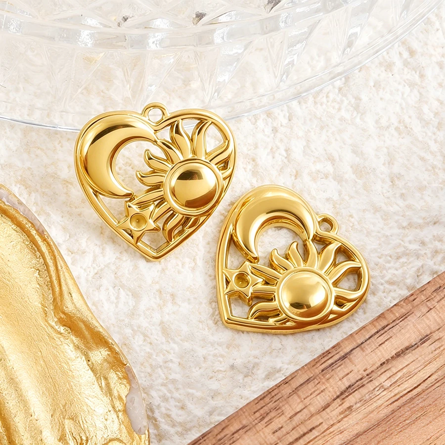 5 Stück goldfarbene Anhänger mit Strass-Cabochons in Herz-, Stern-, Augen- und Blumenform aus Edelstahl für die Schmuckherstellung. – Detail 8
