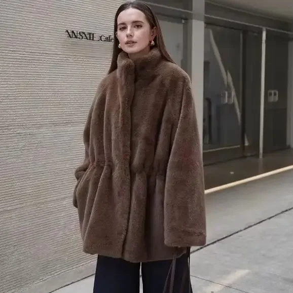 Women's Brown Plush Faux Fur Coat Funnel Neck Drawstring Waist Mid-Length Thick Winter Warm Elegant Luxe Chic Outerwear Jackets
