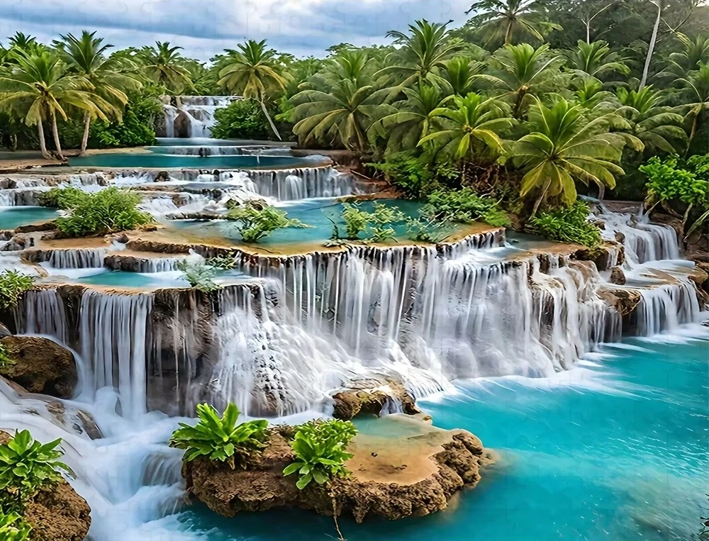 

DIY Tropical Tiered Waterfall Nature Jigsaw Puzzle, Palm Tree Turquoise Lagoon Scenery Home Decor Leisure Educational