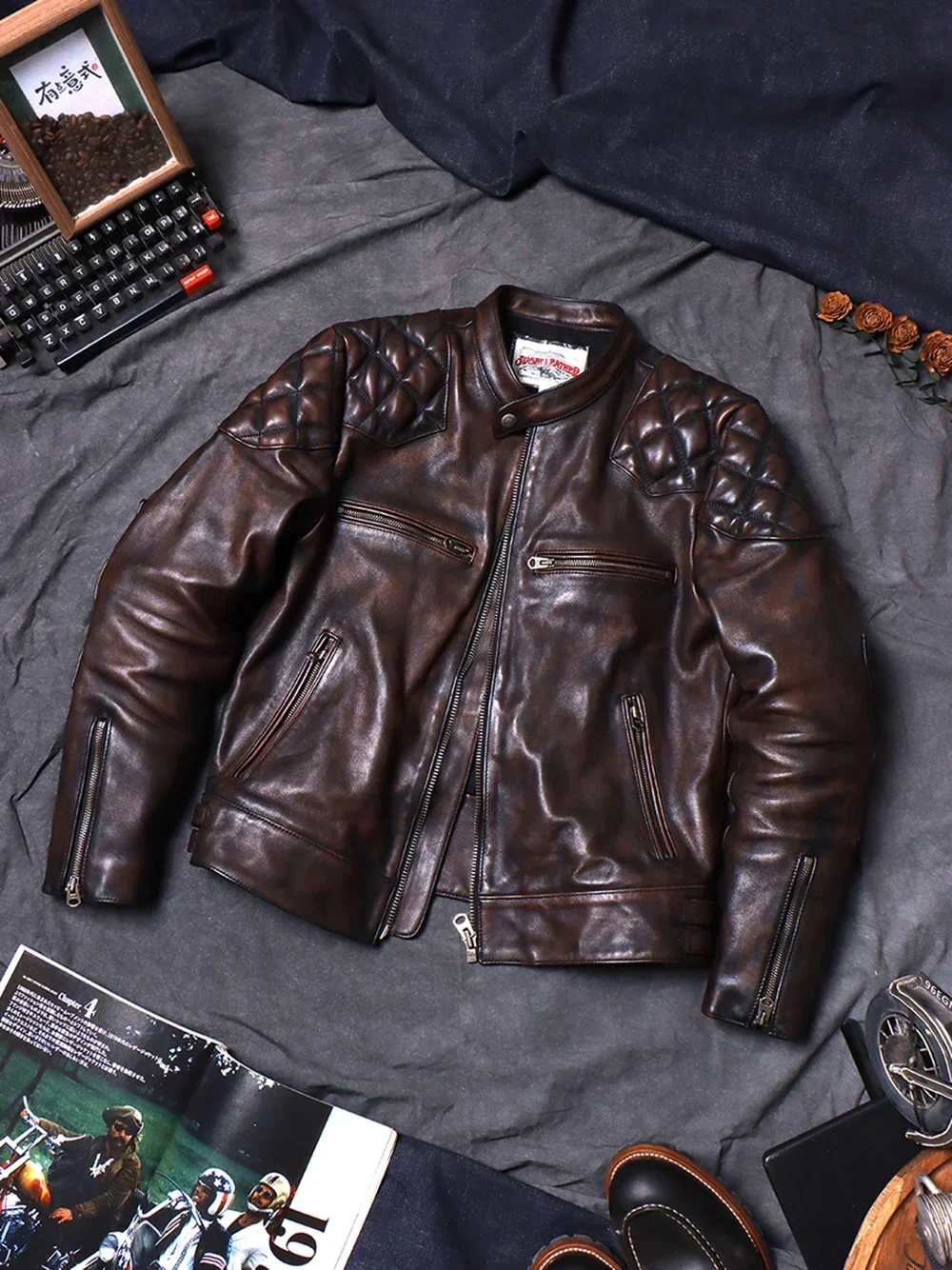 

Tailor Brando Full Grain Heavy Washed Distressed Tea Core Horsehide Stand Collar American Vintage Men's Genuine Leather Jacket