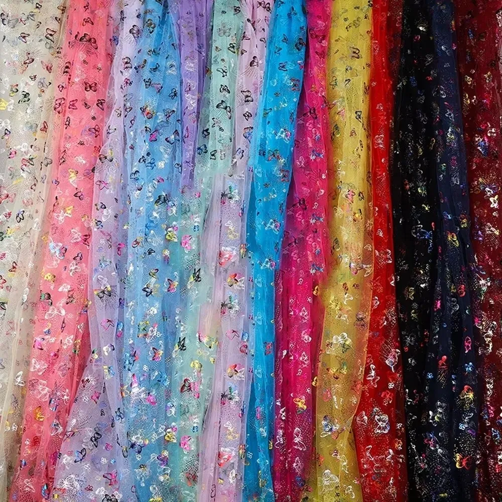 

Colorful Butterfly Printed Tulle Fabric Handmade Bronzing Organza Mesh Fabric DIY Sewing Material Mesh Fabric