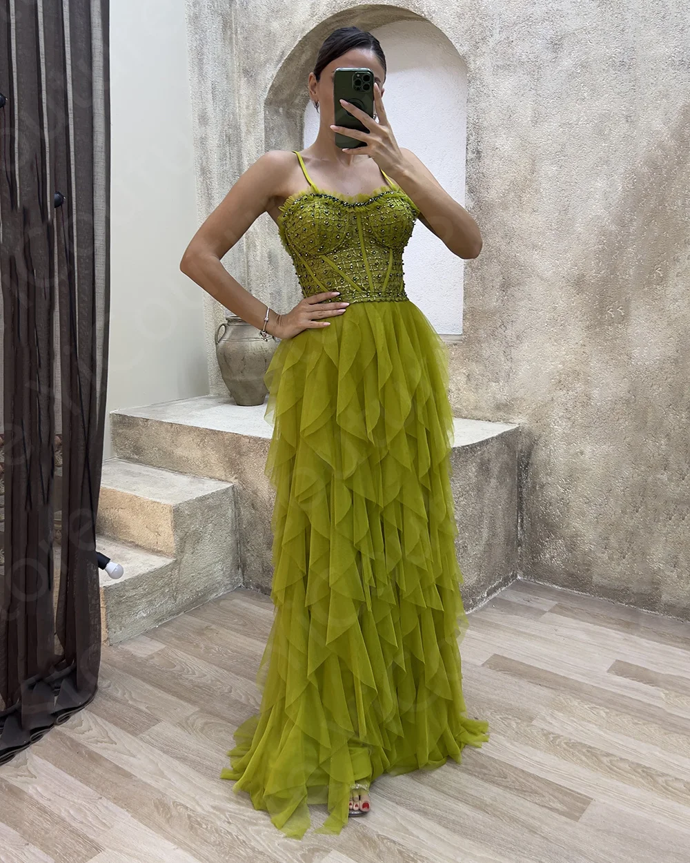 Charming Dark Green Evening Dresses 2024 Tiered Ruffles Skirt Prom Gowns Sweetheart Beading Wedding Party Dresses Back Out