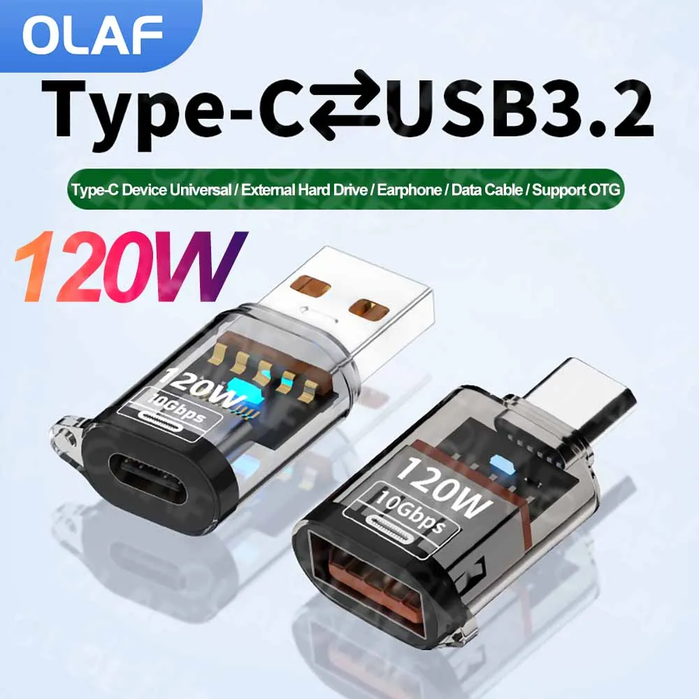 120W Type C To USB 3.2 OTG Adapter 10Gbps High Speed Data Audio Transfer Connector For iPhone 16 15 Laptop Tablet Xiaomi Samsung