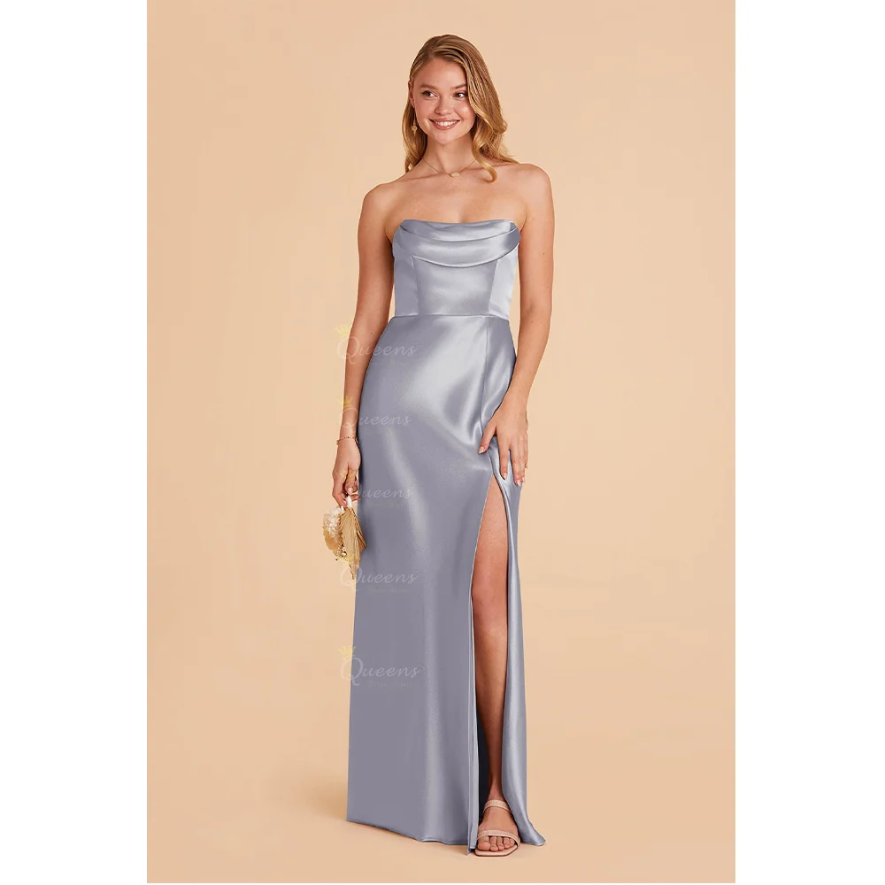 

QueensLove Bridesmaid Dress Satin A-Line Wedding Dress Off the Shoulder High Split Dress Backless Elegant Party Dress