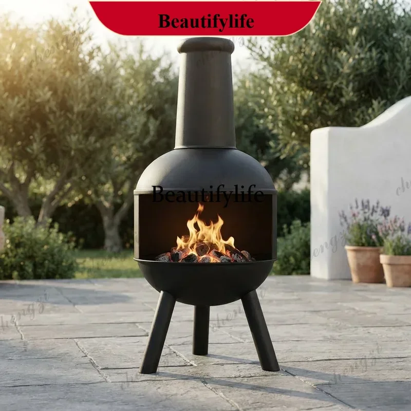 Portable Outdoor Chimeneas Fire Pit Stove Charcoal BBQ Grill with Long Chimney for Patio Camping Backyard Heater