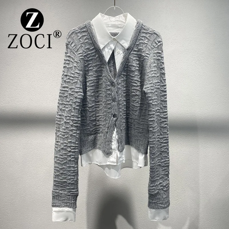 [ZOCI] Niche 2024 New Irregular Collar Splicing Shirt Casual Versatile Two Piece Knitted Cardigan Women