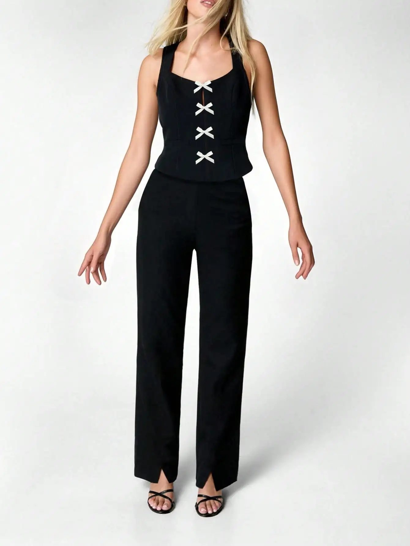 

Women's Summer Lightweight Elegant Bow Back-Detail Tie-Waist Top & Slit Pants Two-Piece Set for Workwear
