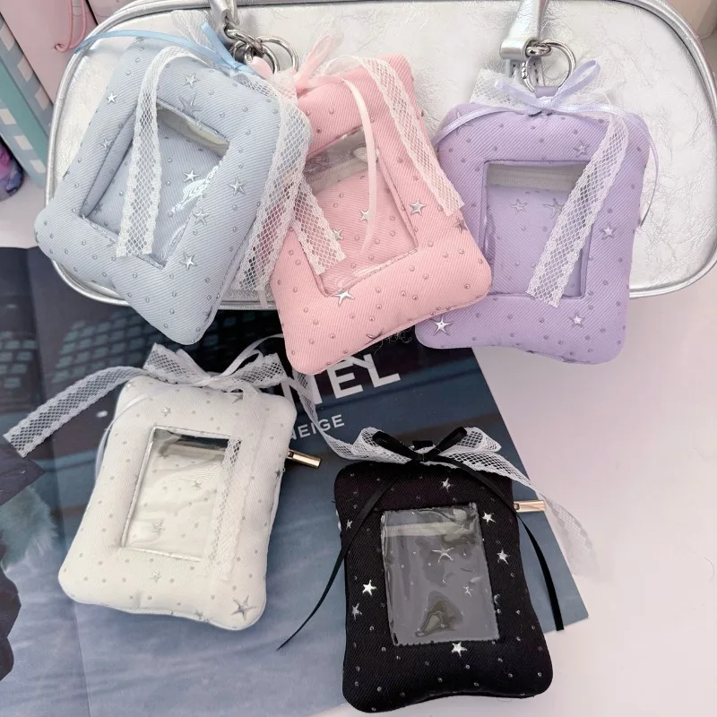 3 Inch Kpop Photocard Holder Display Keychain INS Fashion Cute Star Fabric Puffy Card Holder Idol Photo Storage Pendant for Fans