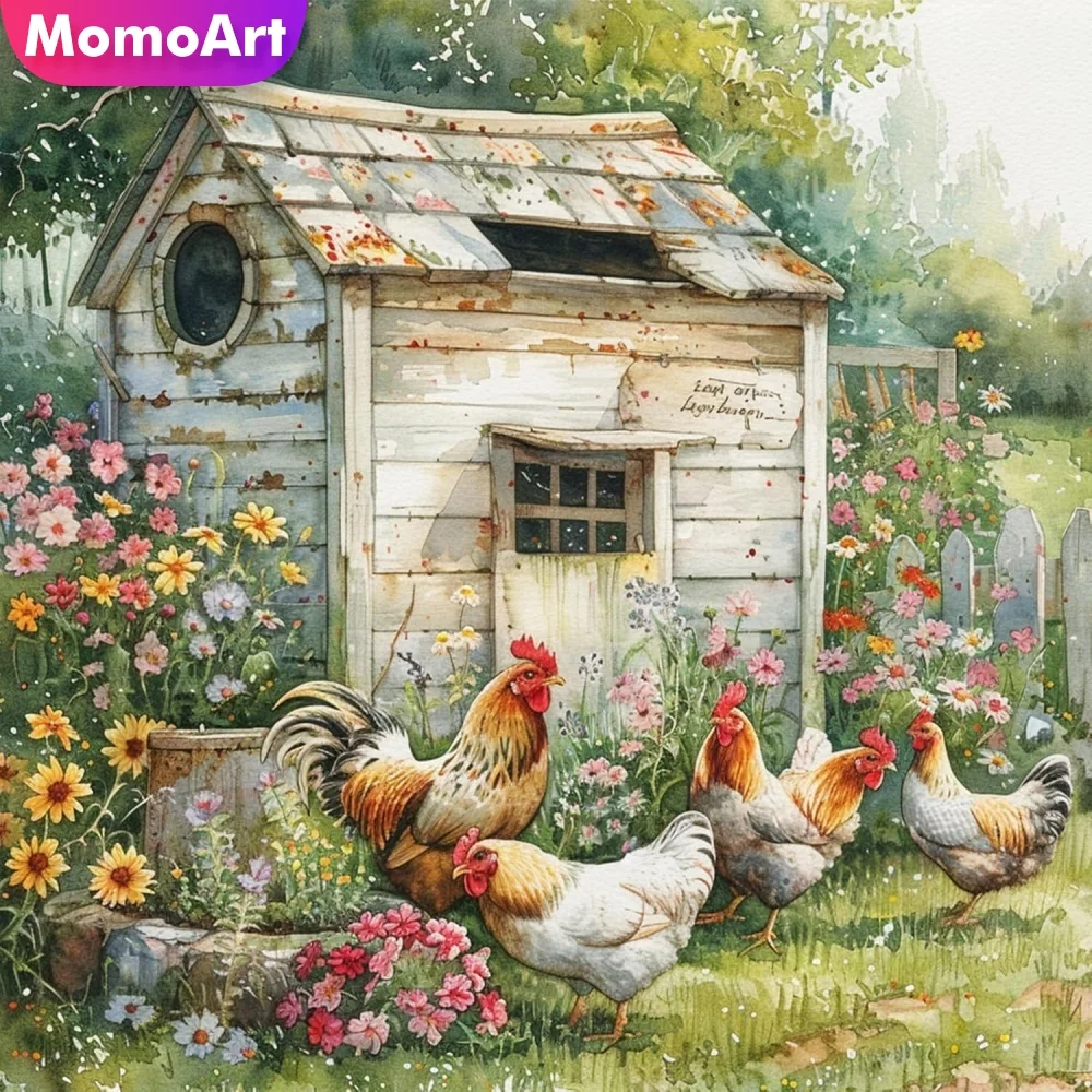 Momoart Diamant-Mosaik Hühnerhaus Landschaft Acryl-Bastelbedarf Diamantmalerei Neue Kollektion DIY Feiertagsgeschenke