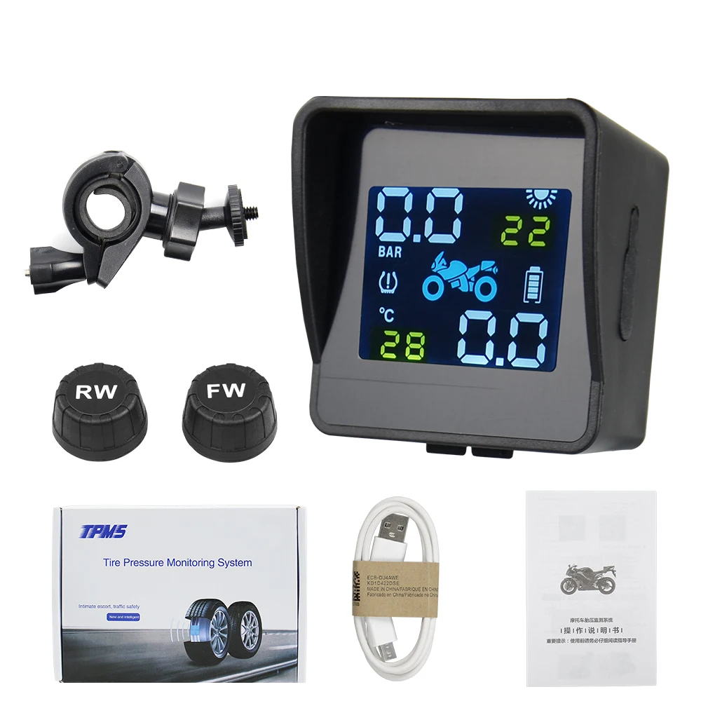 Sistema de alarma de monitoreo de temperatura de neumáticos de presión de neumáticos de Motor TPMS de motocicleta con carga Solar USB, 2 externos de la mejor calidad