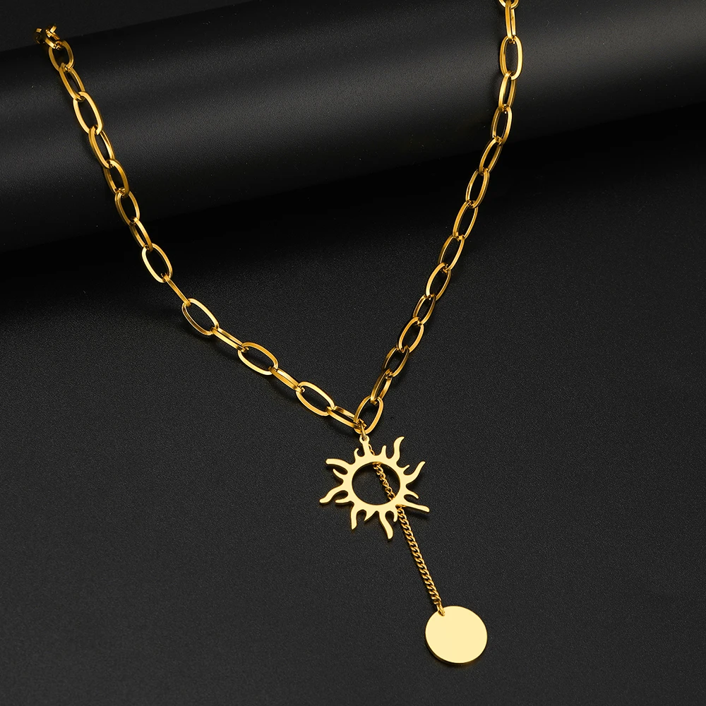 Stainless Steel Necklaces Delicate Sun Totem Geometric Round Tassel Pendants Goth Punk Chains Fashion Necklace For Women Jewelry