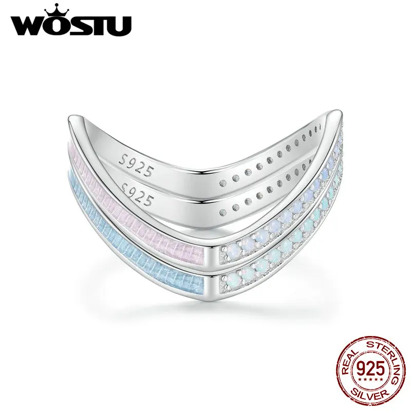 WOSTU Pink Blue Double V Shape Stackable Ring For Women 925 Sterling Silver Simple Opal Drip Oil Rings Smooth Slim Knuckle Rings