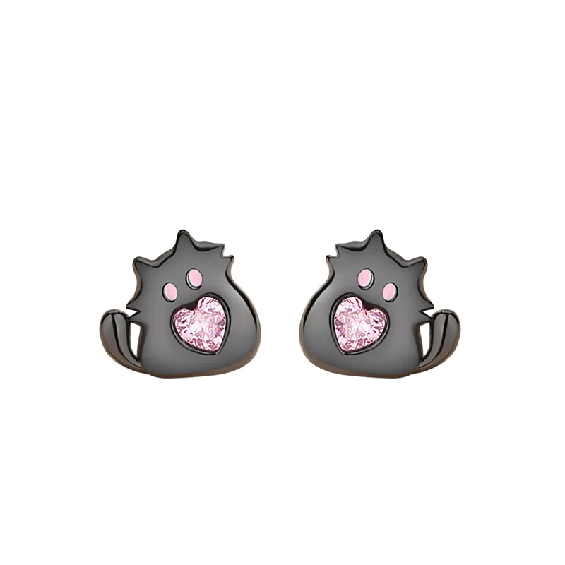 

NEW European Pink Heart AAA CZ 100% S925 Sterling Silver Cat Stud Earrings For Women Birthday Party Gift Jewelry