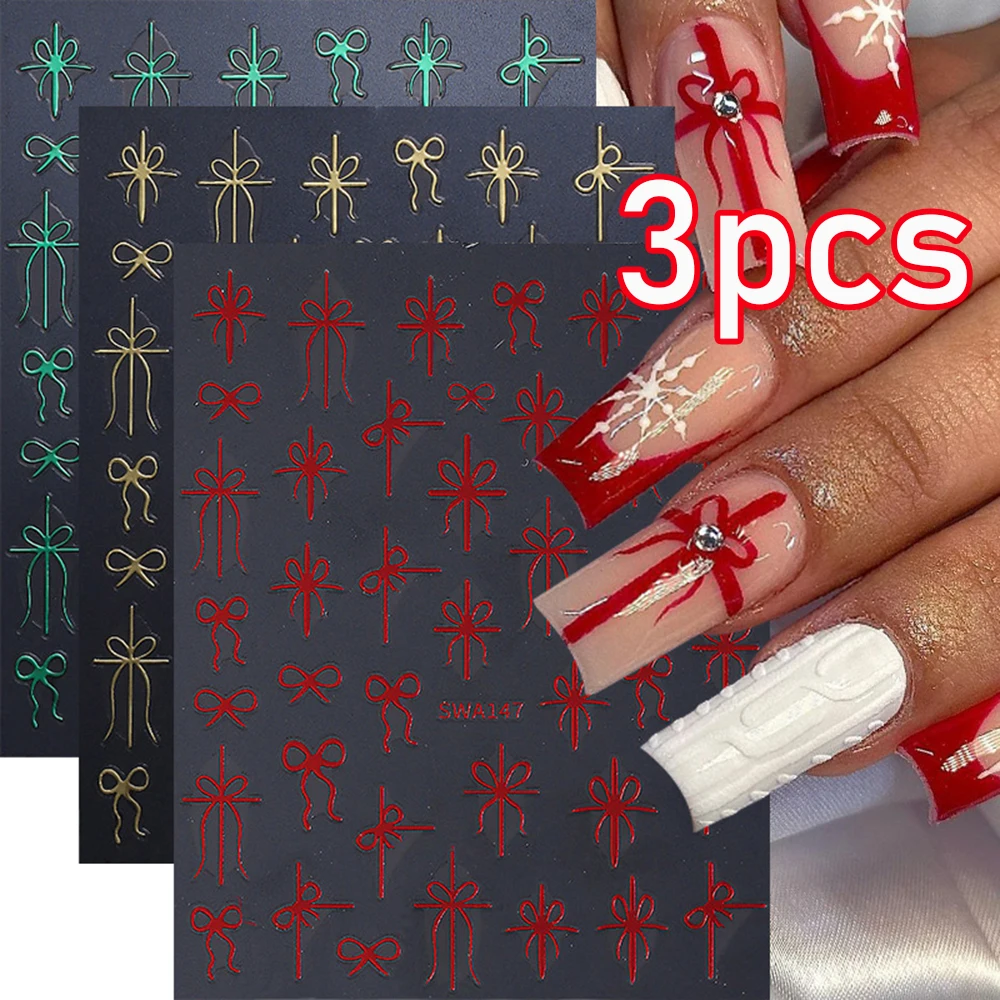 3 أوراق هدية الانحناء ملصقات الأظافر معدنية الذهب الأخضر الأحمر تصميم الشريط البسيط DIY بها بنفسك سحر السنة الجديدة عطلة المتزلجون مانيكير الشارات #1