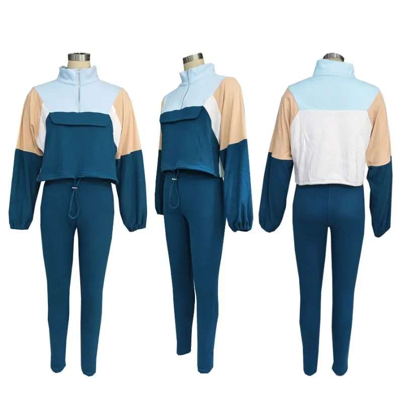 Sporty Casual Two Piece Set for Women Sweatsuit Fall Winter Patchwork Sweatshirt Top and Pants Running Tracksuit Joggings Femme