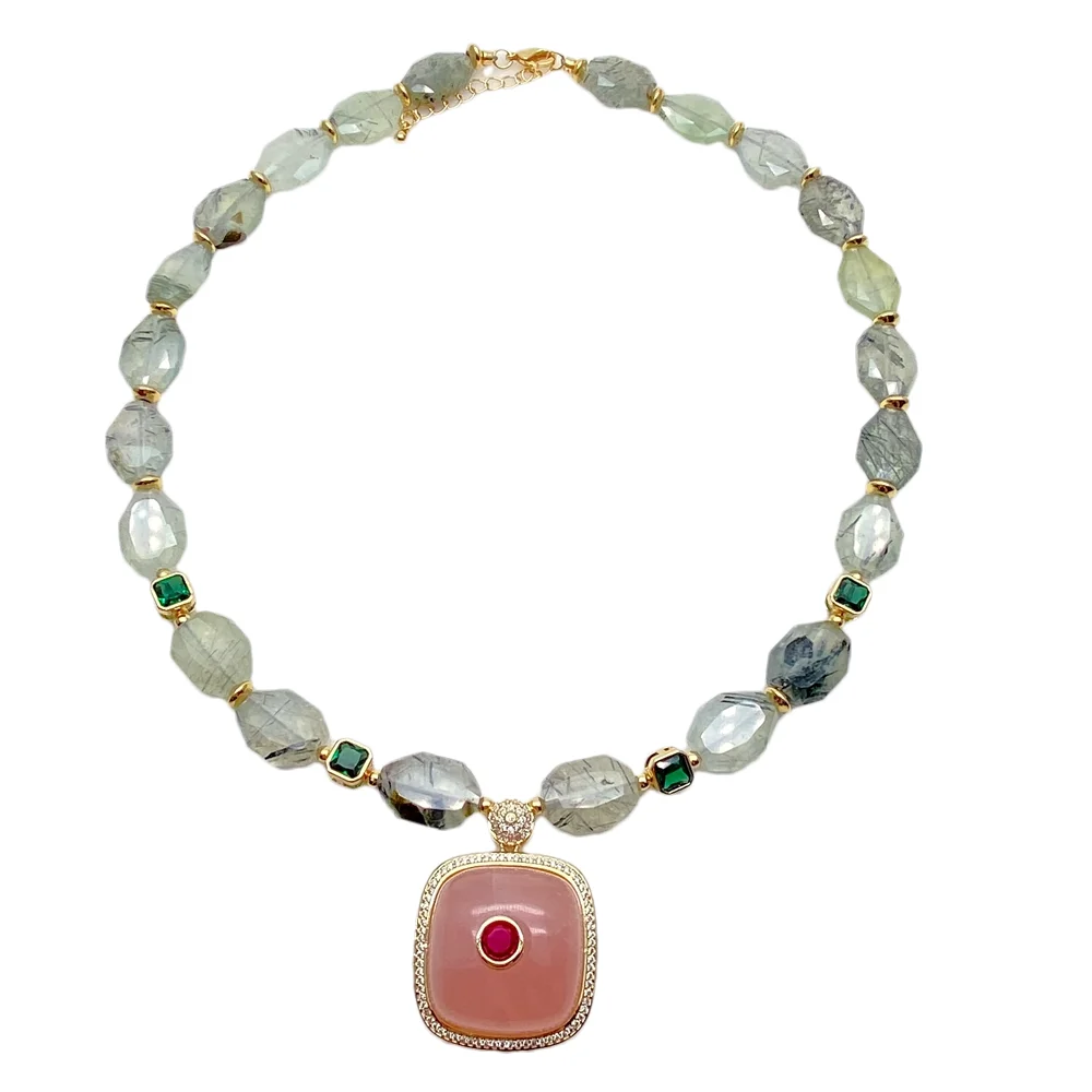 

yygem Rose Quartz Square Red Cz Pendant Real Green Prehnite Faceted Chunk Necklace Gem Stones Jewelry Fashion