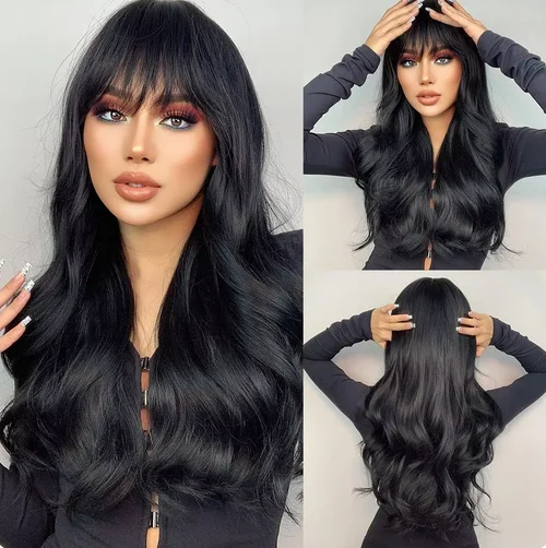 Wig Popular Black Long Curly Wavy Lolita Wig With Bangs Synthetic Wig For Women Fashion Thick Curly Head Cover For Girls