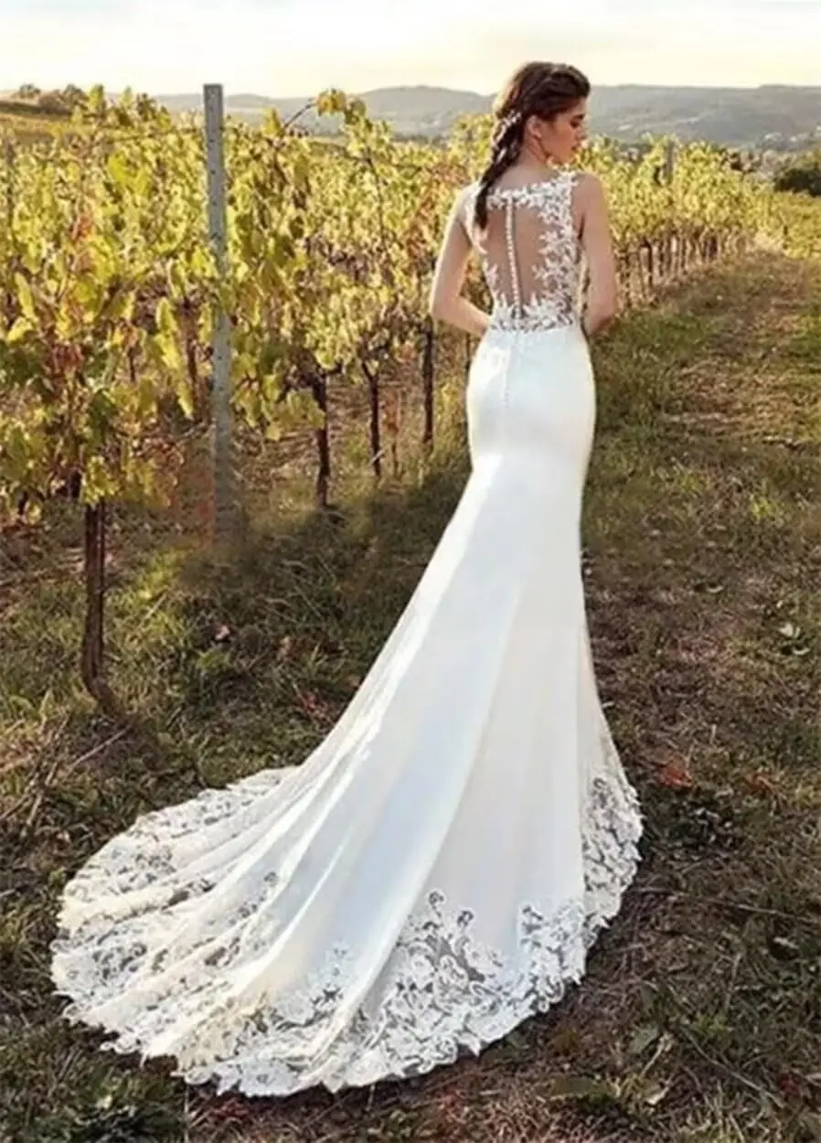 Suknie ślubne syreny z koronki dla panny młodej, na ramiączkach spaghetti, tiulowe, z dekoltem w serek, bez rękawów, długie suknie ślubne.