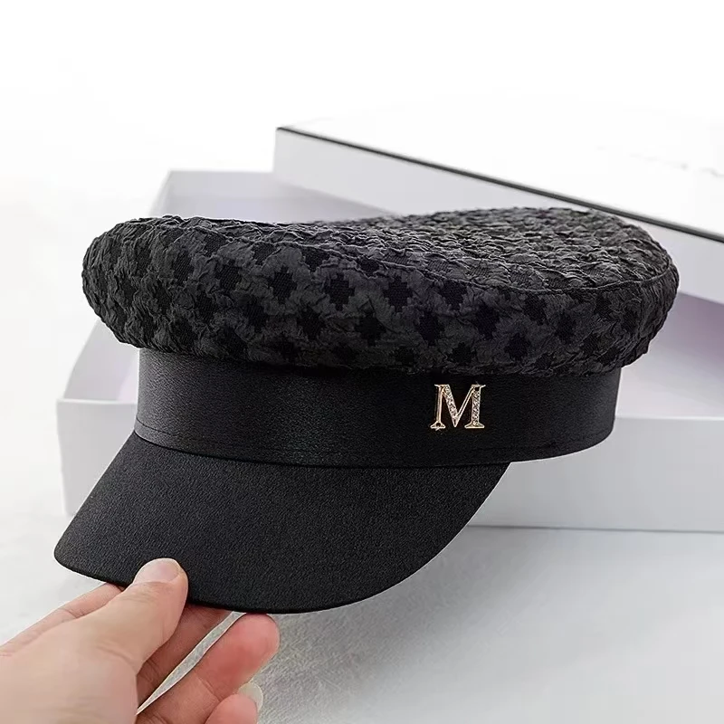 Trendy Stitching Pleated Flat Top Octagonal Hats for Women's Fashion Rhinestone Letters Literary Painter Hat Summer Female Beret