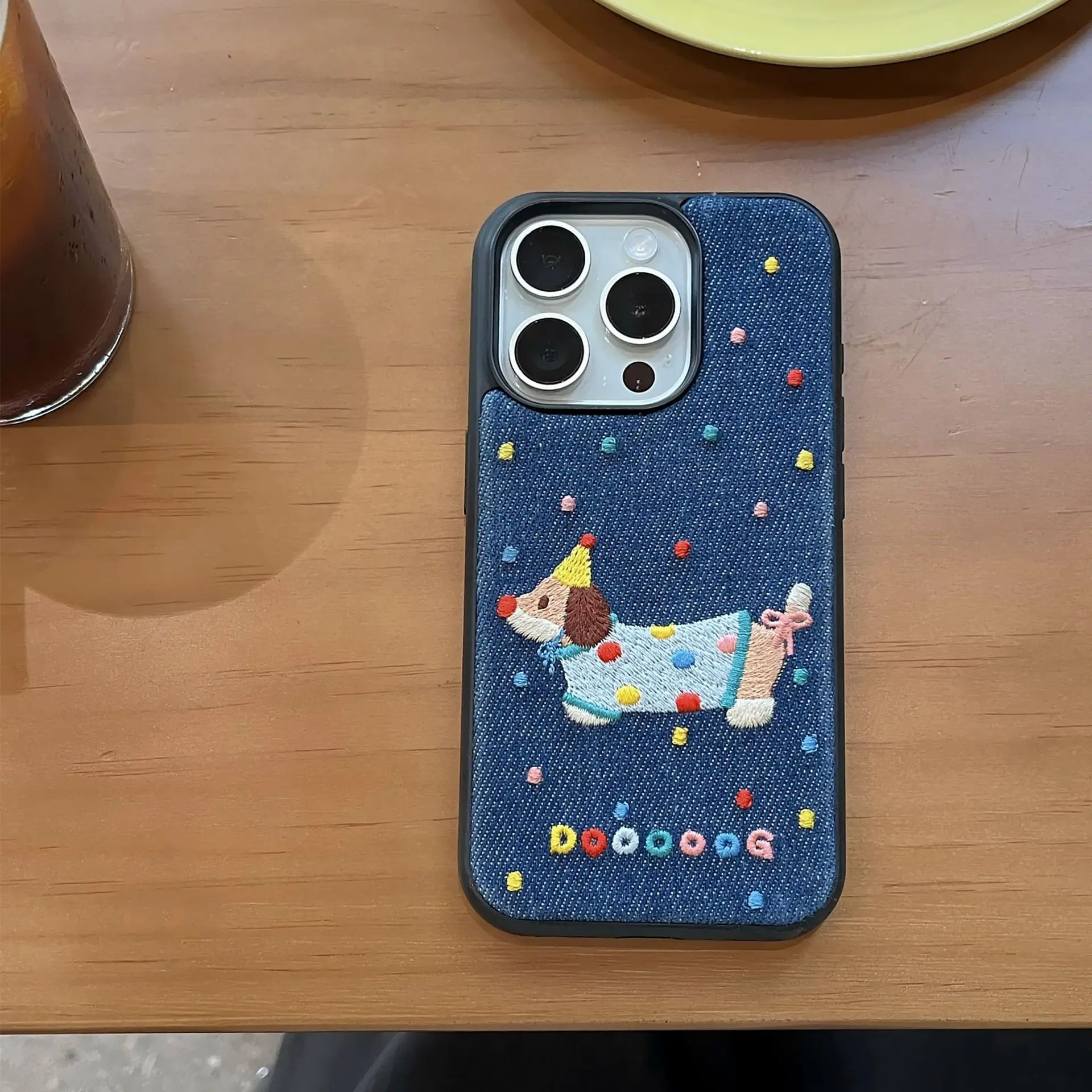 Embroidered Dachshund Dog Denim Phone Case For iPhone 16 15 14 13 12 Pro Max Full Cover