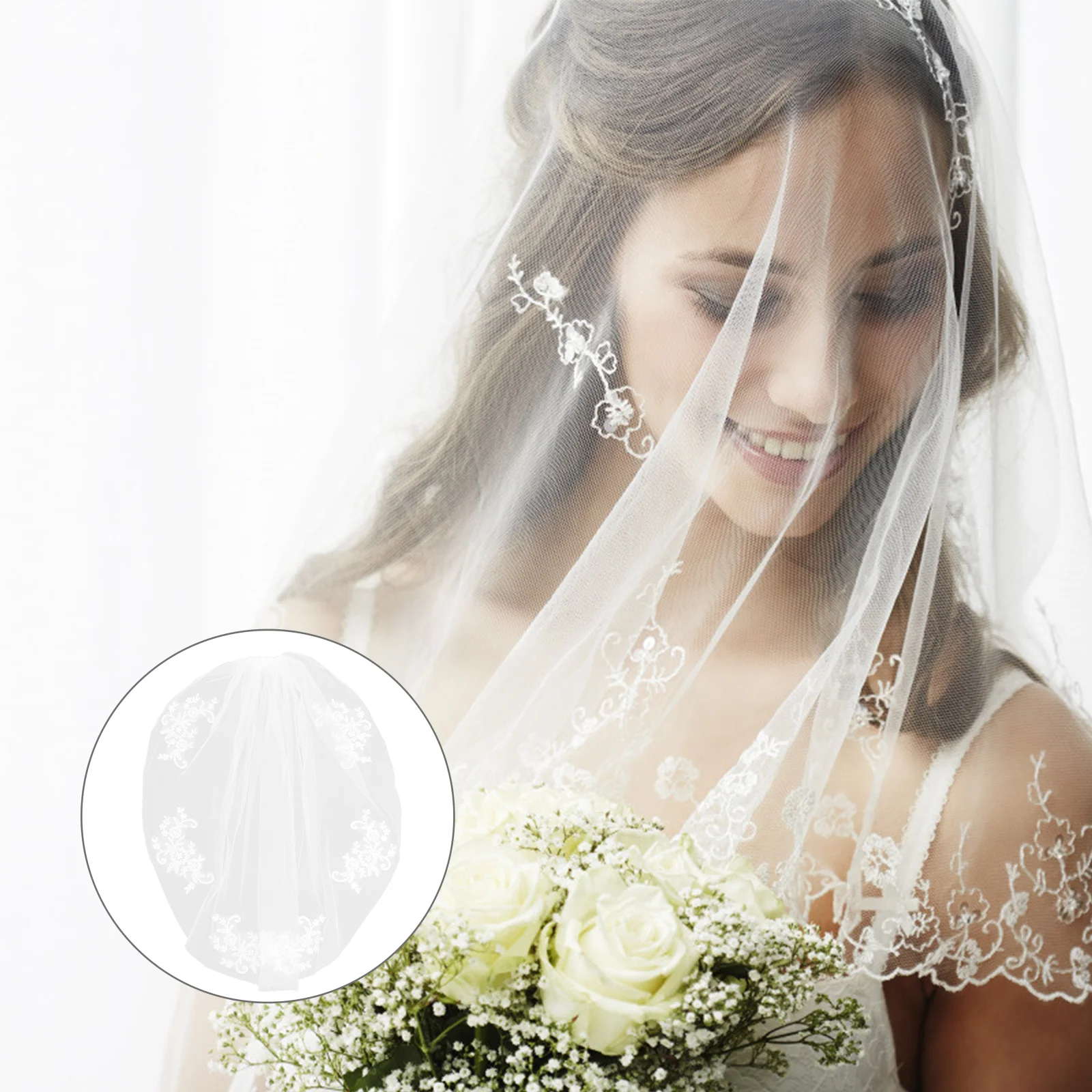 

Elegant Crystal Beaded Short Bridal Veil Lace Appliques Wedding Veil for Bride Easy Attach Metal Comb Memorable