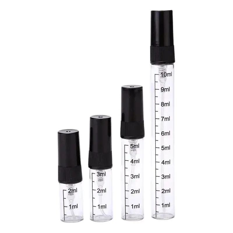 

50Pcs Perfume Mini Bottle With Scale Clear Glass Vials 2ml 3ml 5ml 10ml Black Spray Pump Portable Refillable Perfume Bottles