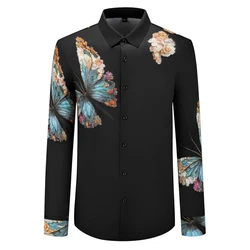 Luxury Rhinestone Butterfly Print Shirt Men Slim Long Sleeve Shirts High-end Business Social Banquet Party Formal Dress Shirts
