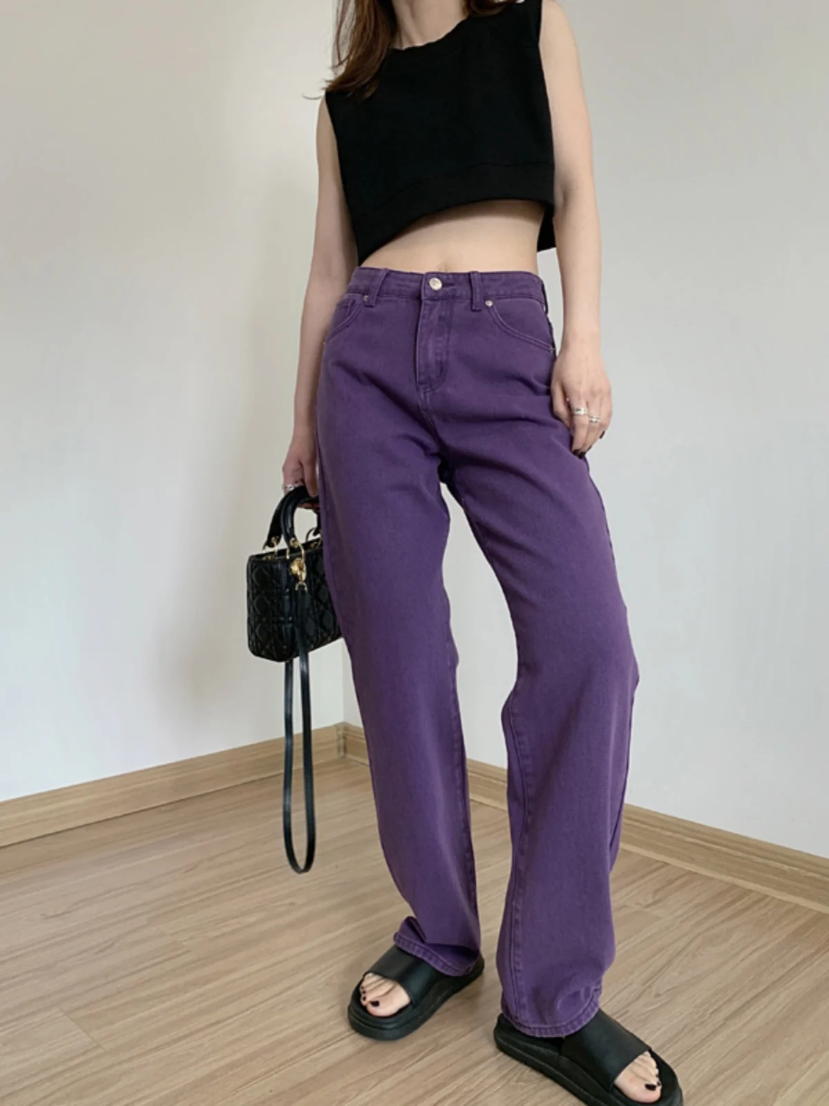 

VANZOVIVILLY Trendy Purple Casual Pants Women's High Waist Slimming Loose Straight Leg Jeans Faionable Straight Pants