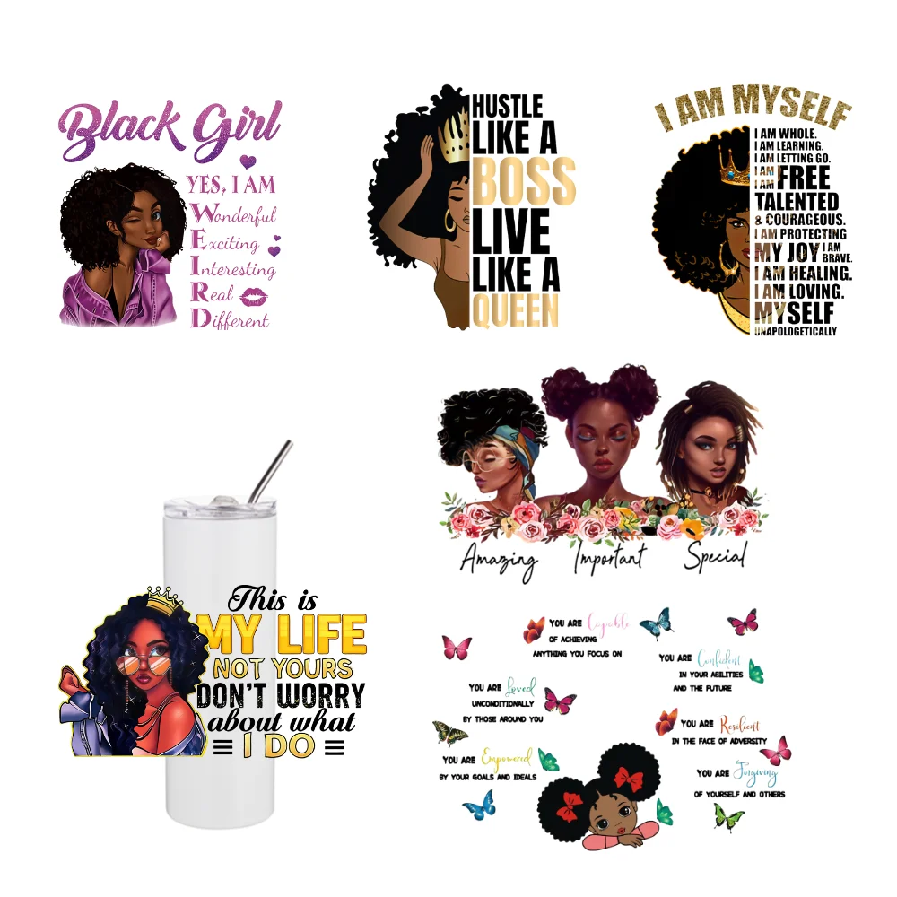 Wholesale Afrio Black Beautiful Girl stickers Transfer No Heat Needed Waterproof UV DTF Cup Wrap Transfers for 20oz Tumbler Cup