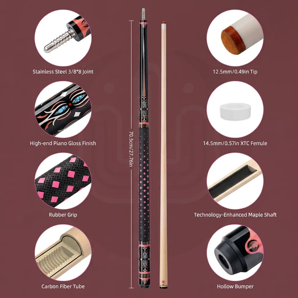 KONLLEN Pink Pool Stick for Women, Low Deflection Billiards Cue Stick, 141cm, 3/8 * 8 cue Joint, Adjustable Weight, Stylish Blac